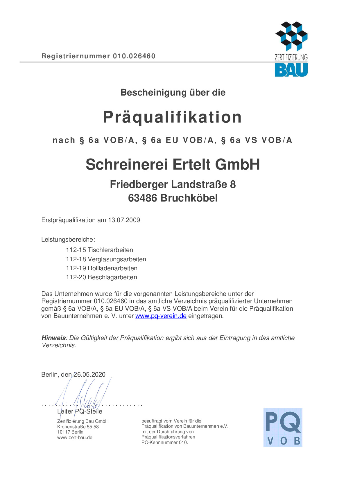 Präqualifikation von Bauunternehmen e. V. für Schreinerei Ertelt Vorschaubild von Dokument: Präqualifikation von Bauunternehmen e. V. für Schreinerei Ertelt